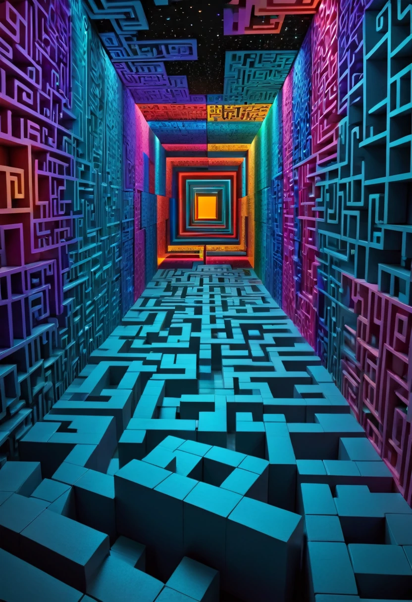 An enormous room full of labyrinthic blocs of differente shapes, going throught one and another, in 3d, on the wall, infinites horizon, multi colored, poles, one mall figure on the ground dim light, no windows
