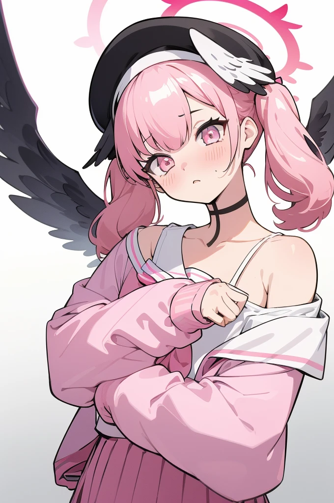 (masterpiece, best quality), 1girl, koharu, pink hair, medium hair, twintails, tied hair, pink eyes, halo,, off shoulder, sailor collar, pink neckerchief, long sleeves, sleeves past wrists, bra strap, miniskirt, pink skirt, pleated skirt, low wings, head wings, beret,