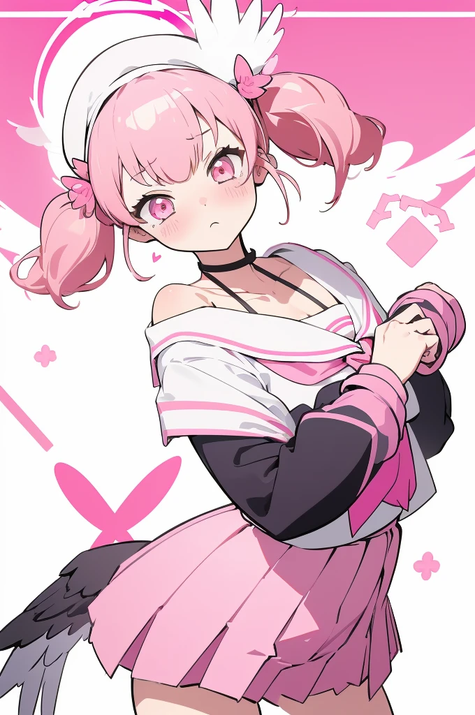 (masterpiece, best quality), 1girl, koharu, pink hair, medium hair, twintails, tied hair, pink eyes, halo,, off shoulder, sailor collar, pink neckerchief, long sleeves, sleeves past wrists, bra strap, miniskirt, pink skirt, pleated skirt, low wings, head wings, beret,