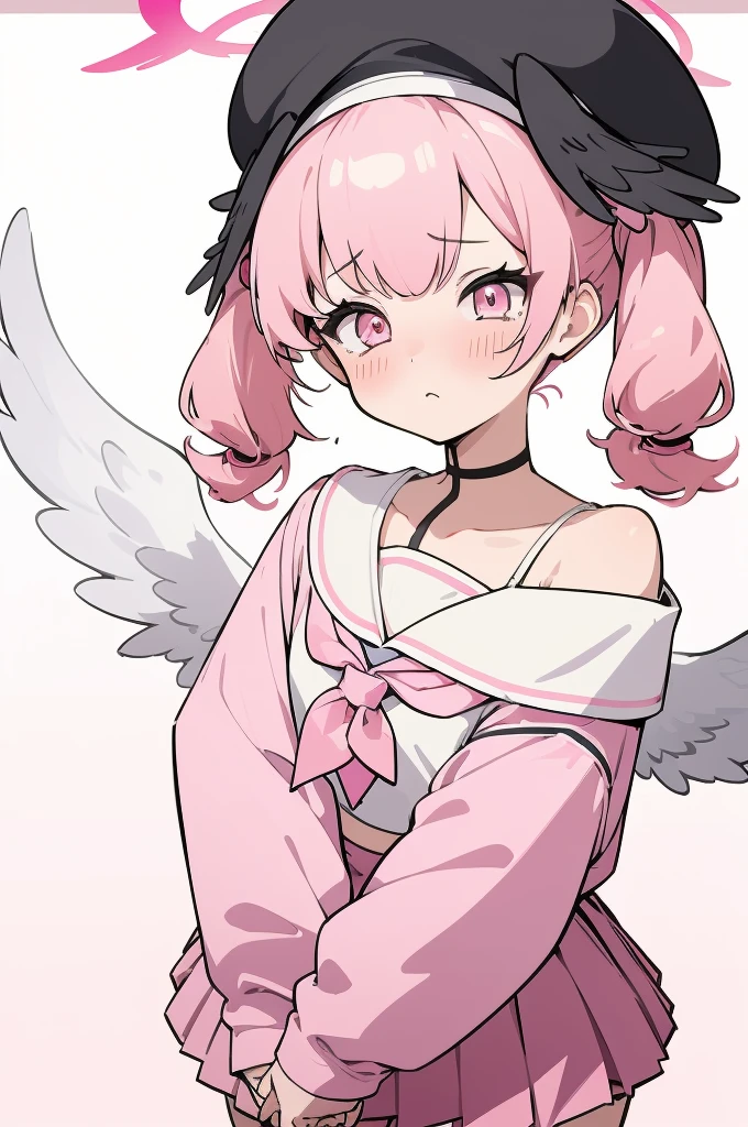 (masterpiece, best quality), 1girl, koharu, pink hair, medium hair, twintails, tied hair, pink eyes, halo,, off shoulder, sailor collar, pink neckerchief, long sleeves, sleeves past wrists, bra strap, miniskirt, pink skirt, pleated skirt, low wings, head wings, beret,