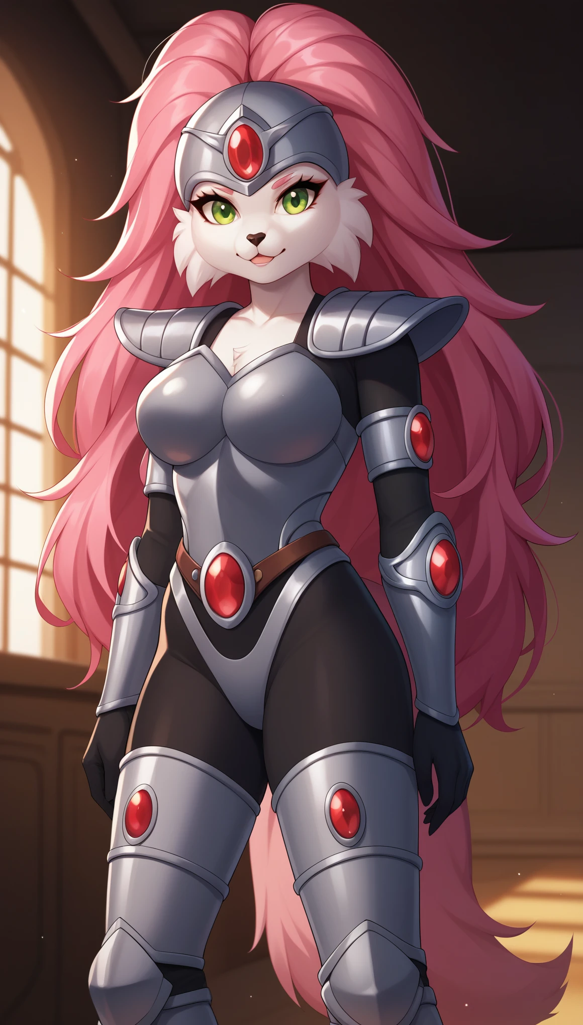 score_9, score_8_up, score_7_up, score_6_up, score_5_up, score_4_up, JennyBOHXL, anthro furry, furry female, white fur, snout, green eyes, pink hair, long hair, grey helmet, forehead red jewel, medium breasts, grey armor, red jewel, shoulder armor, black bodysuit, armlet, guantlets, black gloves, armored boots, (solo), standing, looking at viewer, indoors