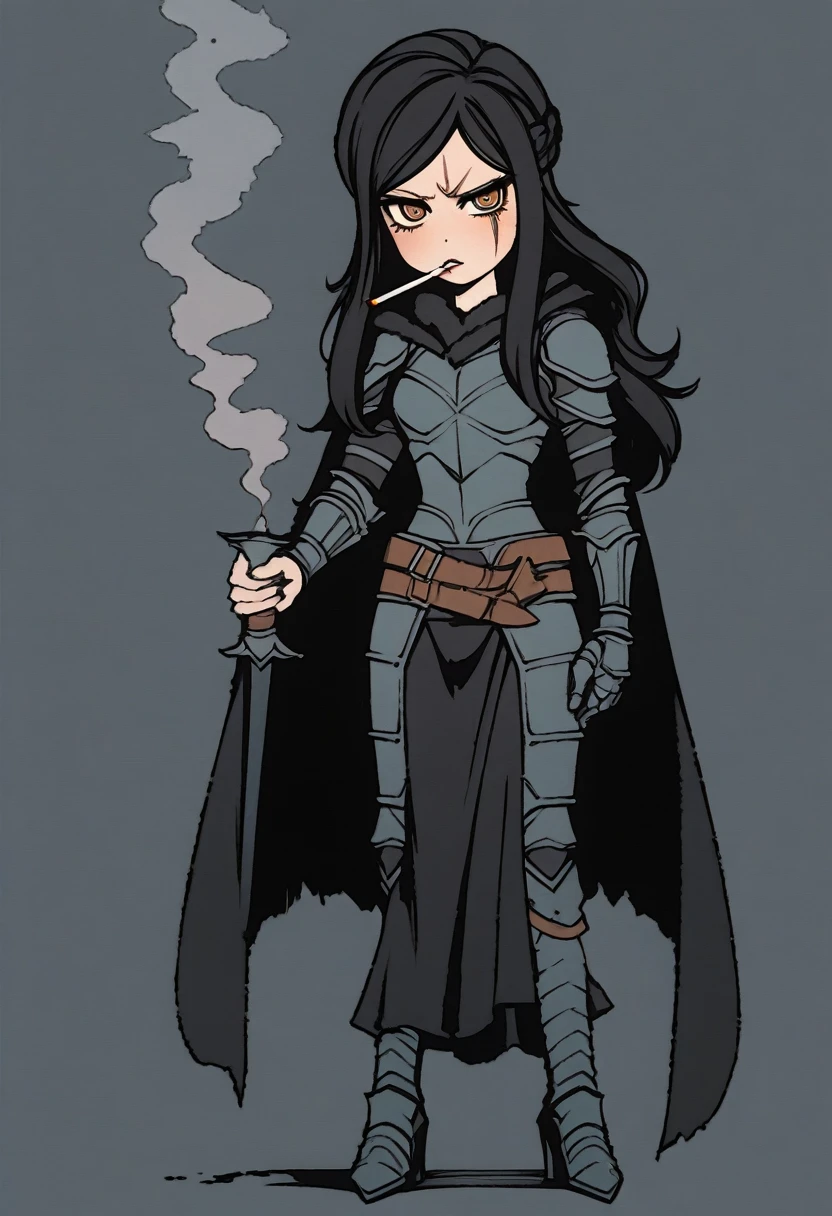 {{full body}} {{Artist: moshimoshibe)}} 1woman, french braid, long hair, tall, black hair, golden eyes, looking tired, scar over left eye, black cloak, cape, black cape, looking down at viewer, smoking, dagger at hip, dagger, castle background, dark fantasy, cigarette in mouth, smoke from cigarette, detailed background, cold expression, armored, wearing armor, holding sword in one hand, stern expression, fully clothed