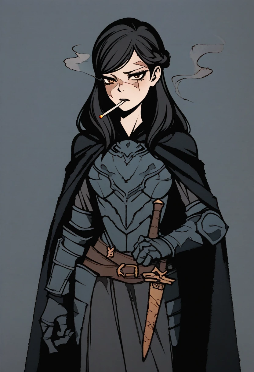 {{full body}} {{Artist: moshimoshibe)}} 1woman, french braid, long hair, tall, black hair, golden eyes, looking tired, scar over left eye, black cloak, cape, black cape, looking down at viewer, smoking, dagger at hip, dagger, castle background, dark fantasy, cigarette in mouth, smoke from cigarette, detailed background, cold expression, armored, wearing armor, holding sword in one hand, stern expression, fully clothed