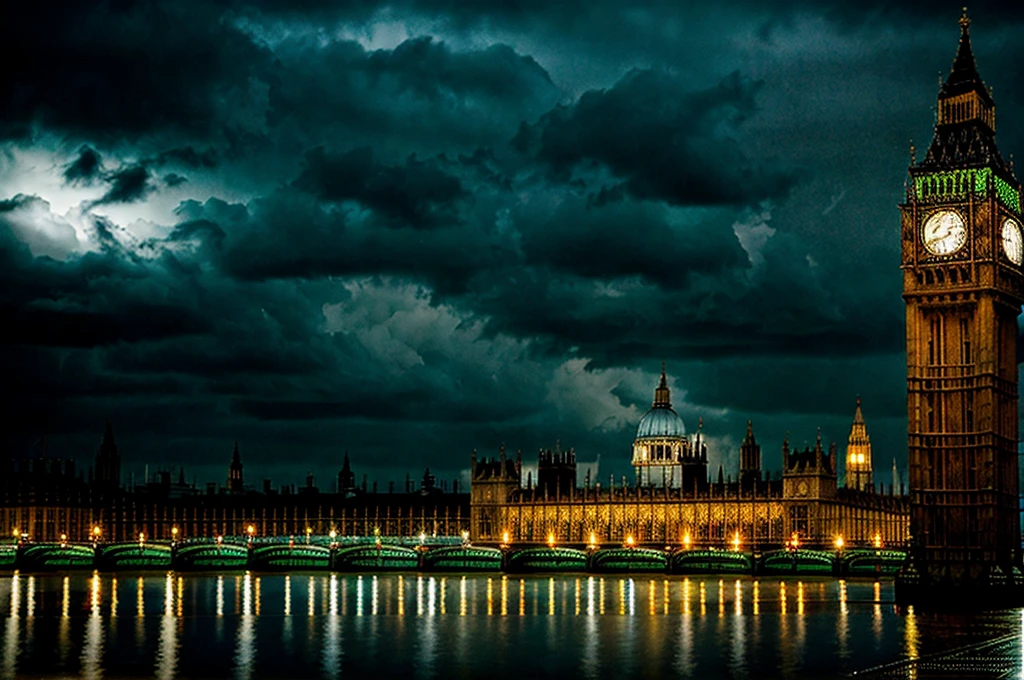 best quality, rain, night, sky, london, city