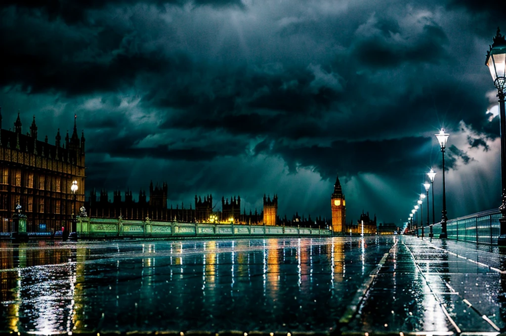 best quality, rain, night, sky, london, city