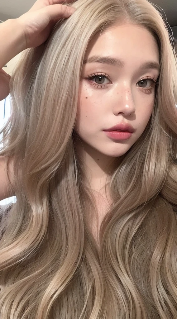 girl with long blonde hair with waves and gray eyes with freckles big lips pink cheeks very beautiful realistic version of latin face with spectacular body