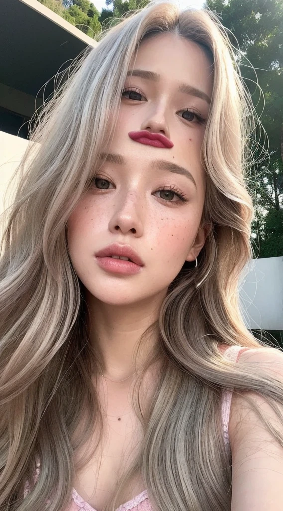 girl with long blonde hair with waves and gray eyes with freckles big lips pink cheeks very beautiful realistic version of latin face with spectacular body 