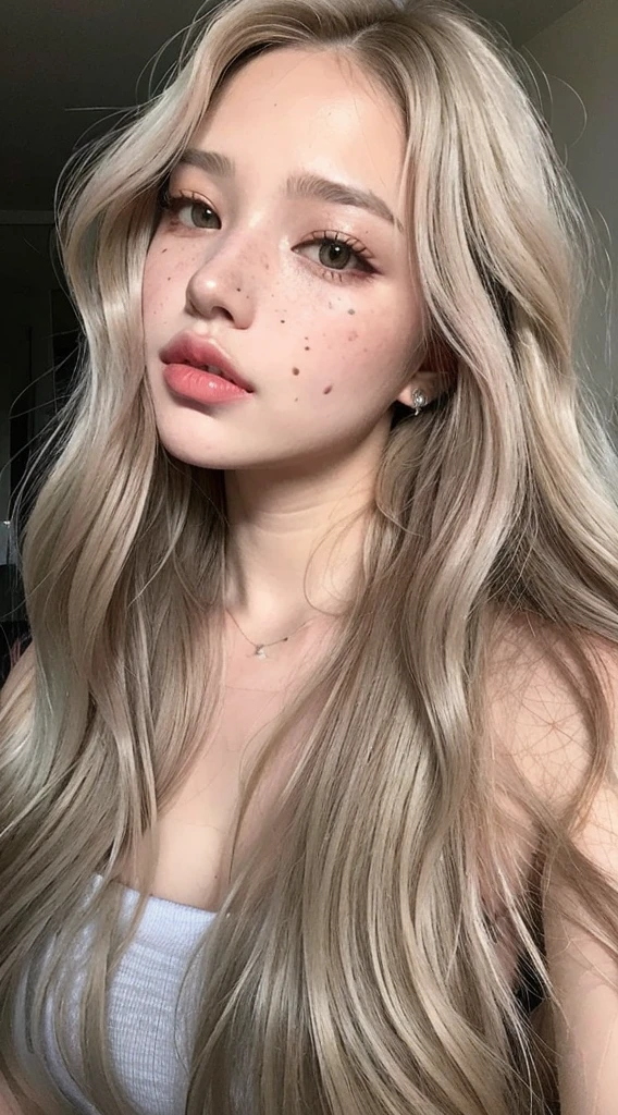 girl with long blonde hair with waves and gray eyes with freckles big lips pink cheeks very beautiful realistic version of latin face with spectacular body 