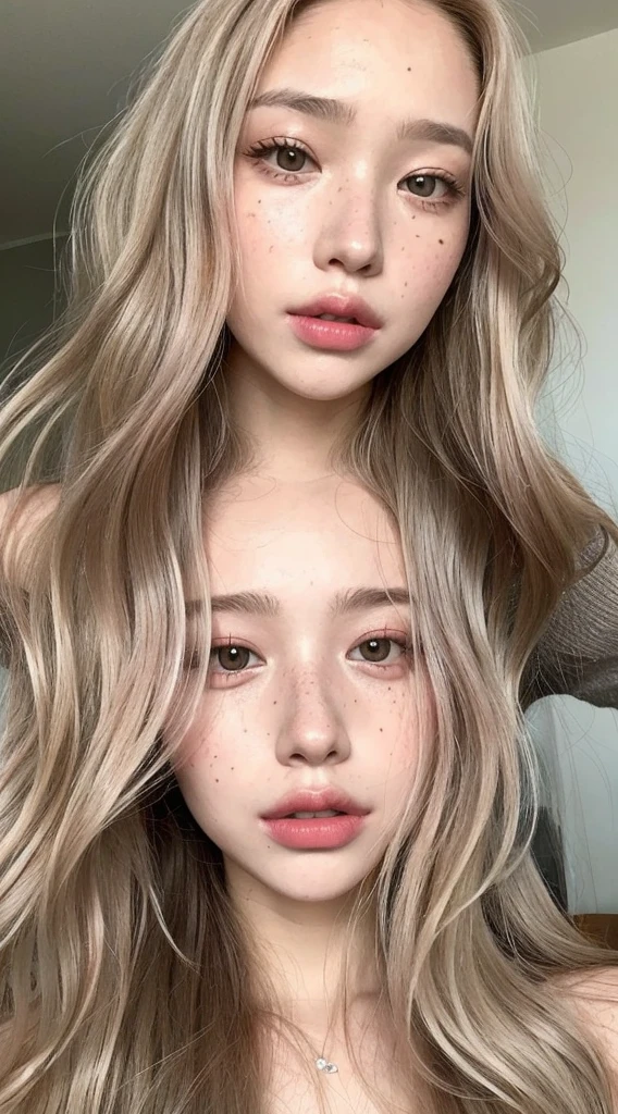 girl with long blonde hair with waves and gray eyes with freckles big lips pink cheeks very beautiful realistic version of latin face with spectacular body 