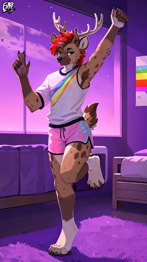 score_9, score_8_up, score_7_up, score_6_up, score_5_up, score_4_up, BREAK (sfw), One anthro, furry, half hyena half deer, (mix deer and hyena), deer antlers, dark hyena spots, white fawn spots, light brown fur, deer ears, hyena face, hyena paws, paw feet, cute paw feet, one red eye one green eye, different color eyes, heterochromia, bright red hair, neon hair, dyed hair, mullet hairstyle, twink, femboy, femboy jock, thin body, slim body, thick thighs, big round ass, wearing tiny pijama shorts and a knitted cropped sweater shirt falling one shoulder, standing next to a open window, stretching, early morning, sun rise, half lidded eyes, bedroom eyes, gamer set up, college bedroom background, posters on the wall, transgender pride flag, rainbow flag, led lights, pink blue and white clothes color scheme, blue pink and purple background color scheme, soft lighting, cyberpunk, technology, futuristic, full body, sexy pose, character, looking at the viewer, (solo), cute