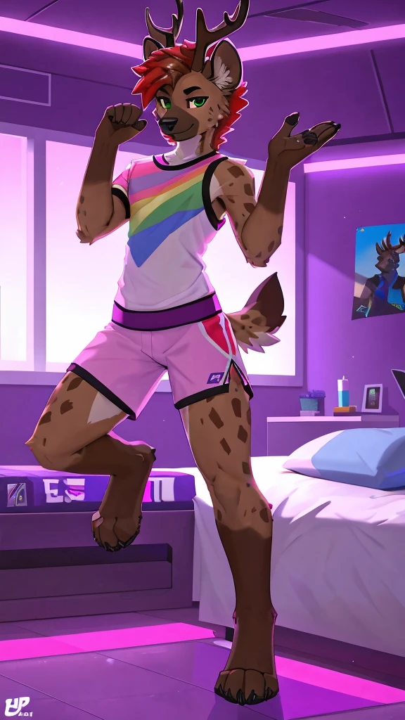 score_9, score_8_up, score_7_up, score_6_up, score_5_up, score_4_up, BREAK (sfw), One anthro, furry, half hyena half deer, (mix deer and hyena), deer antlers, dark hyena spots, white fawn spots, light brown fur, deer ears, hyena face, hyena paws, paw feet, cute paw feet, one red eye one green eye, different color eyes, heterochromia, bright red hair, neon hair, dyed hair, mullet hairstyle, twink, femboy, femboy jock, thin body, slim body, thick thighs, big round ass, wearing tiny pijama shorts and a knitted cropped sweater shirt falling one shoulder, standing next to a open window, stretching, early morning, sun rise, half lidded eyes, bedroom eyes, gamer set up, college bedroom background, posters on the wall, transgender pride flag, rainbow flag, led lights, pink blue and white clothes color scheme, blue pink and purple background color scheme, soft lighting, cyberpunk, technology, futuristic, full body, sexy pose, character, looking at the viewer, (solo), cute