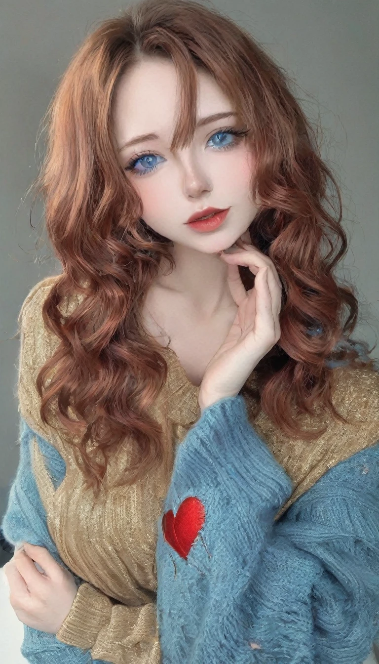 beautiful 20 year old woman, forming a heart with her fingers as gratitude and love, flirtatious look, libidinous lips, (well detailed eyes, light blue color, with crimson red makeup), (beautiful face in golden ratio), medium long wavy reddish hair ), with a low-cut sweater, light blue ripped camping jeans