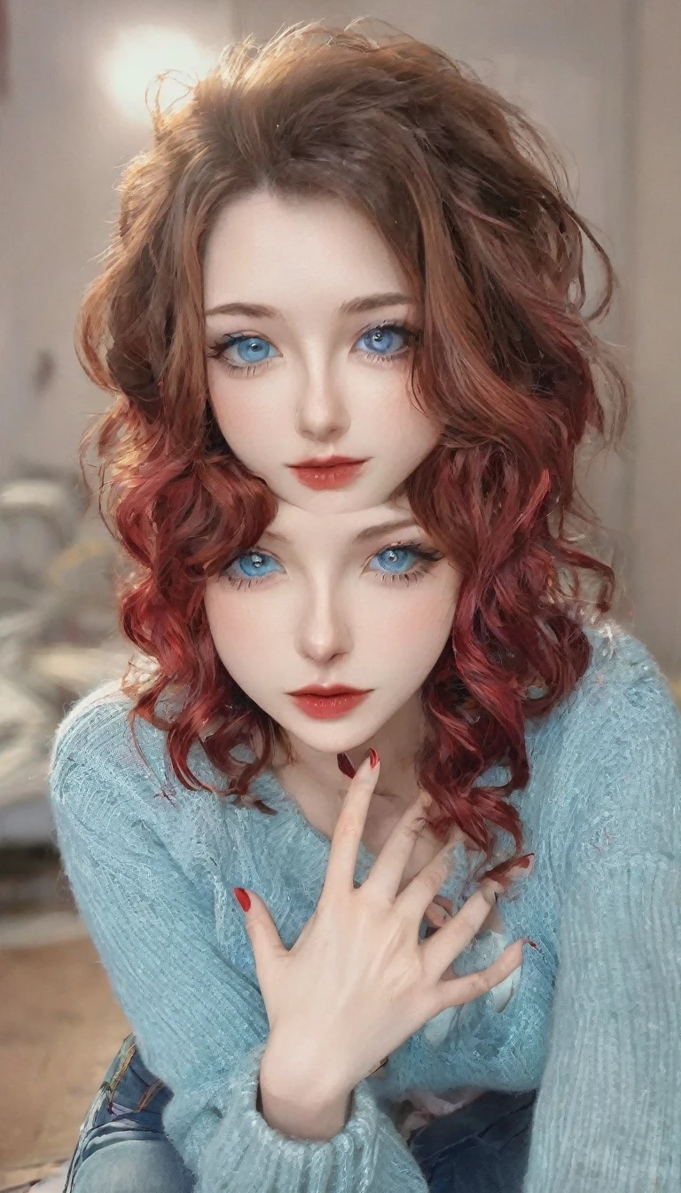 beautiful 20 year old woman, forming a heart with her fingers as gratitude and love, flirtatious look, libidinous lips, (well detailed eyes, light blue color, with crimson red makeup), (beautiful face in golden ratio), medium long wavy reddish hair ), with a low-cut sweater, light blue ripped camping jeans