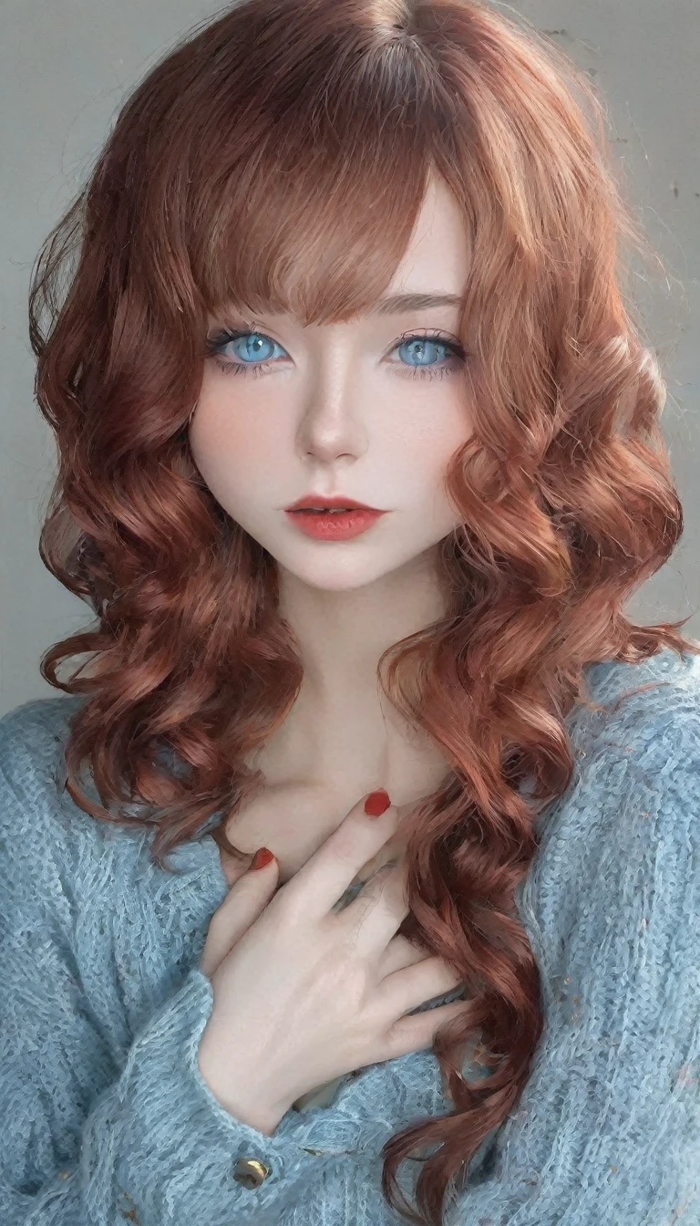 beautiful 20 year old woman, forming a heart with her fingers as gratitude and love, flirtatious look, libidinous lips, (well detailed eyes, light blue color, with crimson red makeup), (beautiful face in golden ratio), medium long wavy reddish hair ), with a low-cut sweater, light blue ripped camping jeans