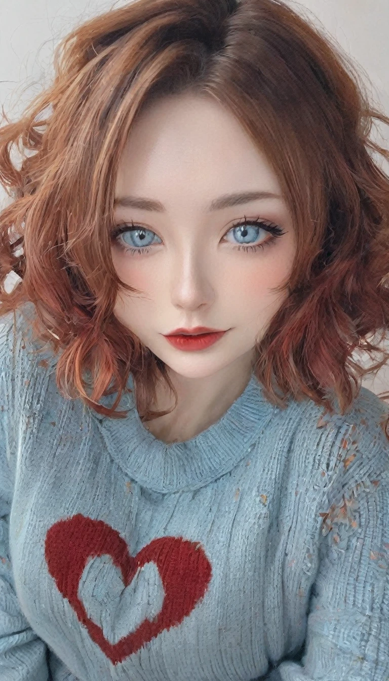 beautiful 20 year old woman, forming a heart with her fingers as gratitude and love, flirtatious look, libidinous lips, (well detailed eyes, light blue color, with crimson red makeup), (beautiful face in golden ratio), medium long wavy reddish hair ), with a low-cut sweater, light blue ripped camping jeans