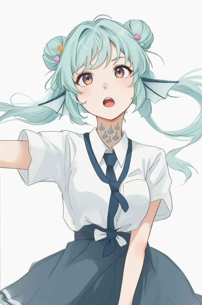 (masterpiece, top quality: 1.2), 1girl,20 years old,solo,long hair,white hair,finana,twintails,double bun,((white shirt,short sleeves,standart tie,skirt)),(white background),open mouth,talking