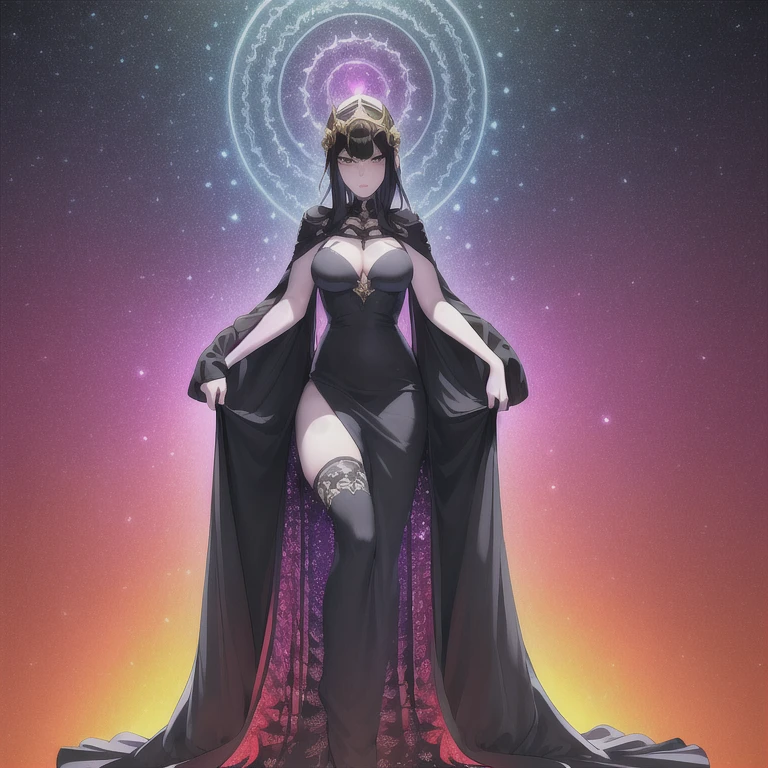 (masterpiece, top quality, best quality, official art, beautiful and aesthetic:1.2), (1girl), extreme detailed,(fractal art:1.3),colorful,highest detailed, (Flat color:1.1),(Colorful:1.3),(Masterpiece:1.2), Best quality, Masterpiece, Original, Full body photo, Very detailed wallpaper, Solo woman, starry night sky，Best quality, Masterpiece, (Realistic:0.6), Realistic lighting, Detailed， Complicated details， 4K， Line art， Fibonacci, 1 solo woman, black hair, goth queen, evil villainess, badass woman, beautiful gown, high-low dress, showing legs, dramatic dress, lots of embroidery, galaxy dress, night sky dress, celestial dress, evil goddess queen woman