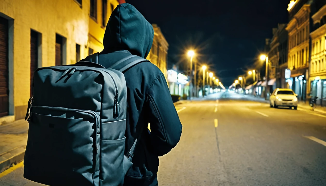 delivery man, large square backpack on his back, alone on the street, sinister, macabre night