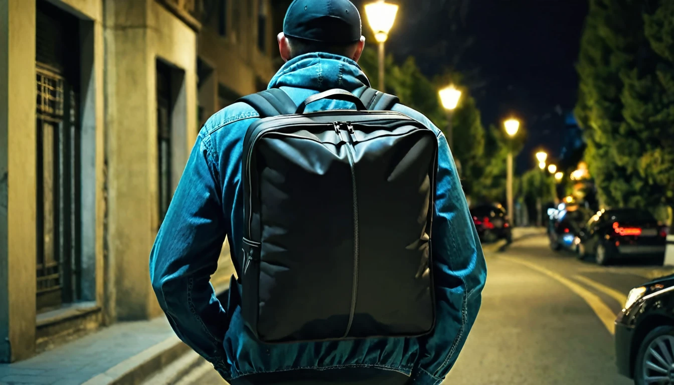 delivery man, large square backpack on his back, alone on the street, sinister, macabre night