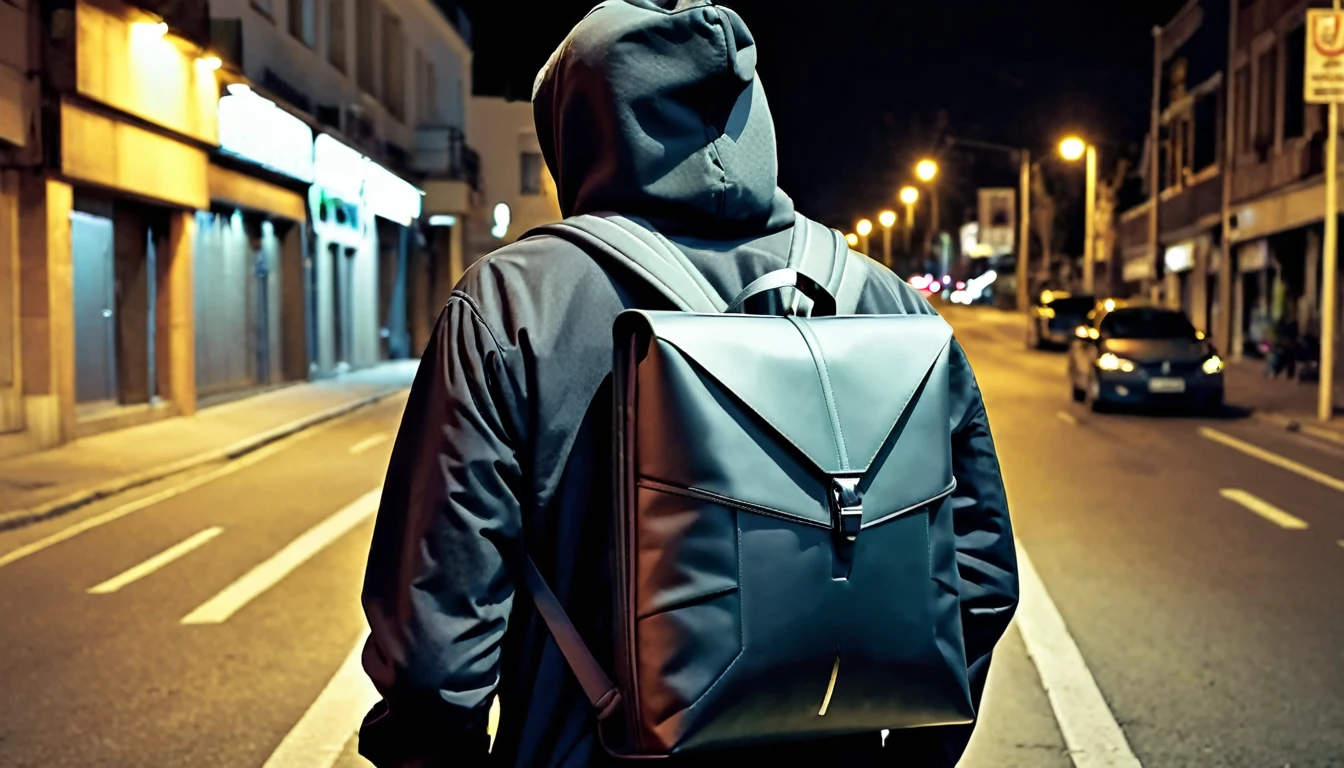 delivery man, large square backpack on his back, alone on the street, sinister, macabre night