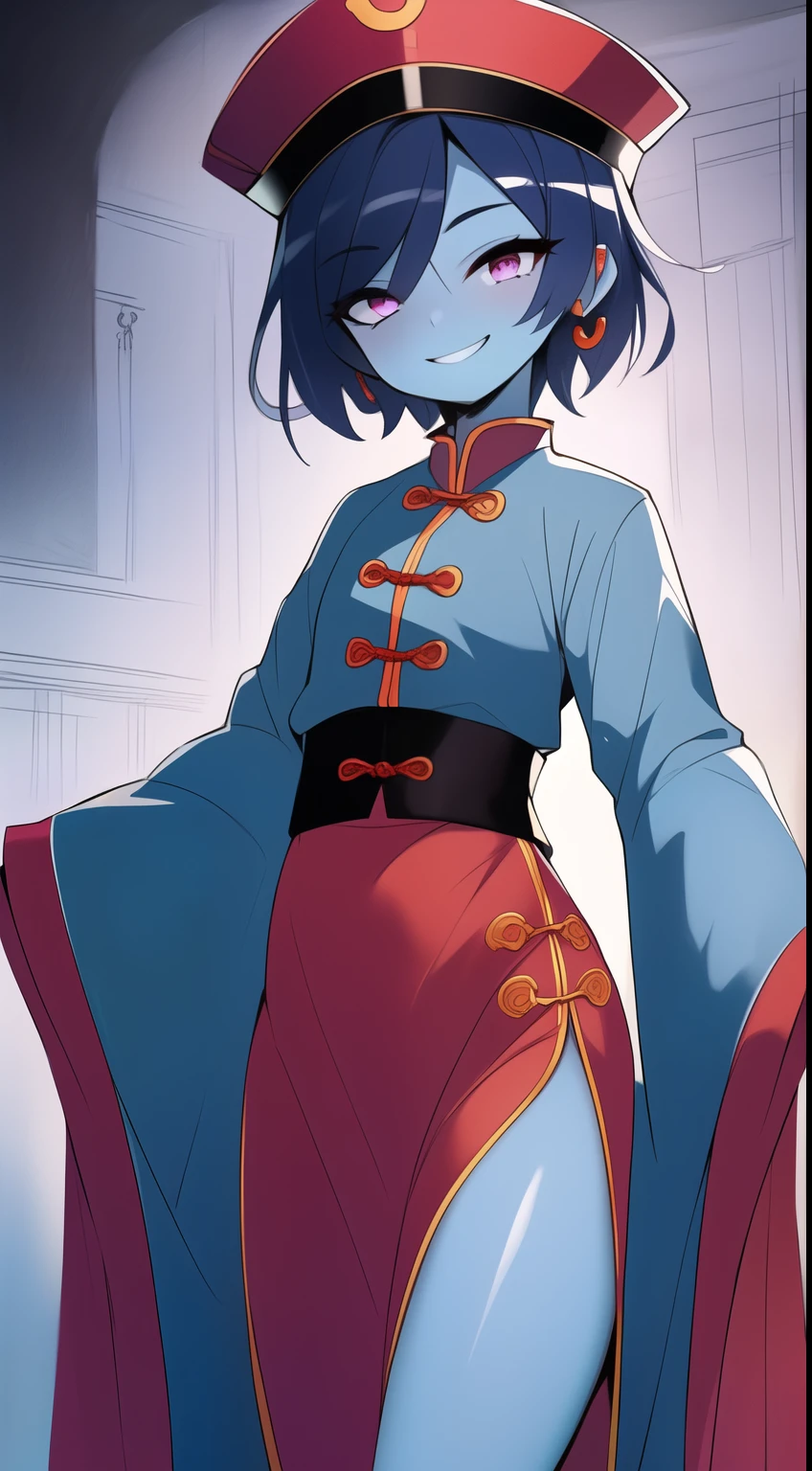 Best quality, Super detailed illustration, Warm colors, perfect lighting, (boy:1.6), (the blue skin:1,6) , short tousled thick hair ,Jiangshi clothing, long sleeves, long skirt with leg cutout on the sides, open legs, Tight-fitting clothing, Guanli hat ,smug smile, Happy , a femboy, small waist, wide hips, slim, Perfect body, full length, tricky glance, Scarlet eyes,black and lilac color of clothes