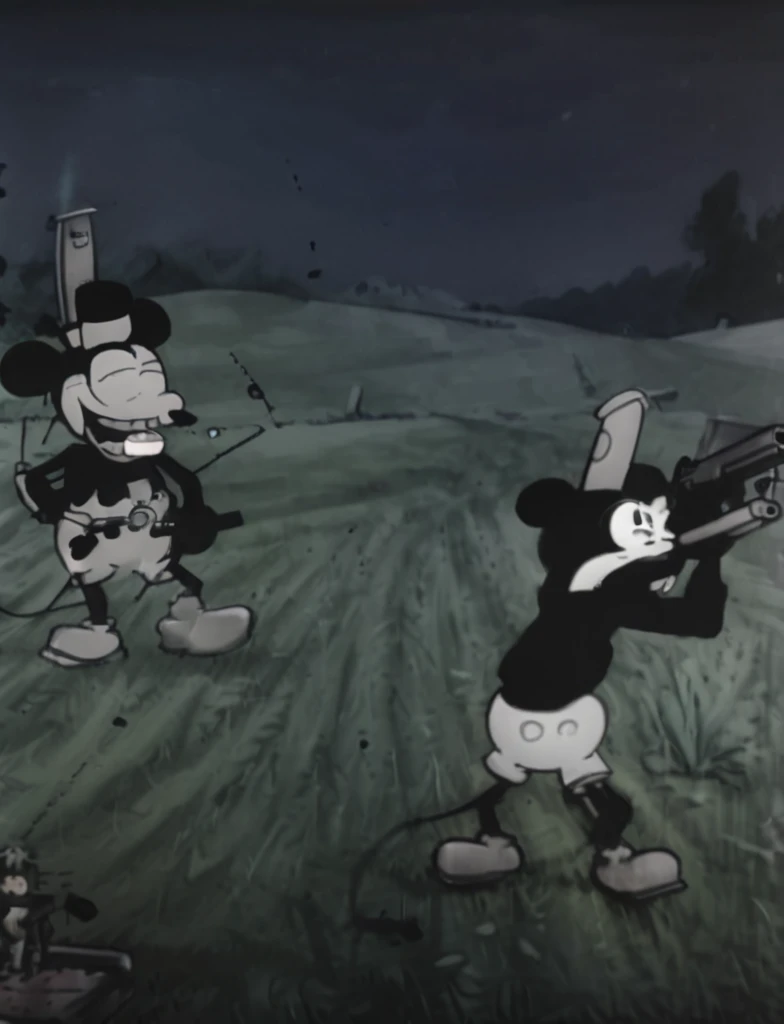 Mickey Mouse in Steamboat Willie style firing a Thompson submachine gun in a field at night, dark and creepy, flash, laughing maniacally, instead,  image size 1920x1080.