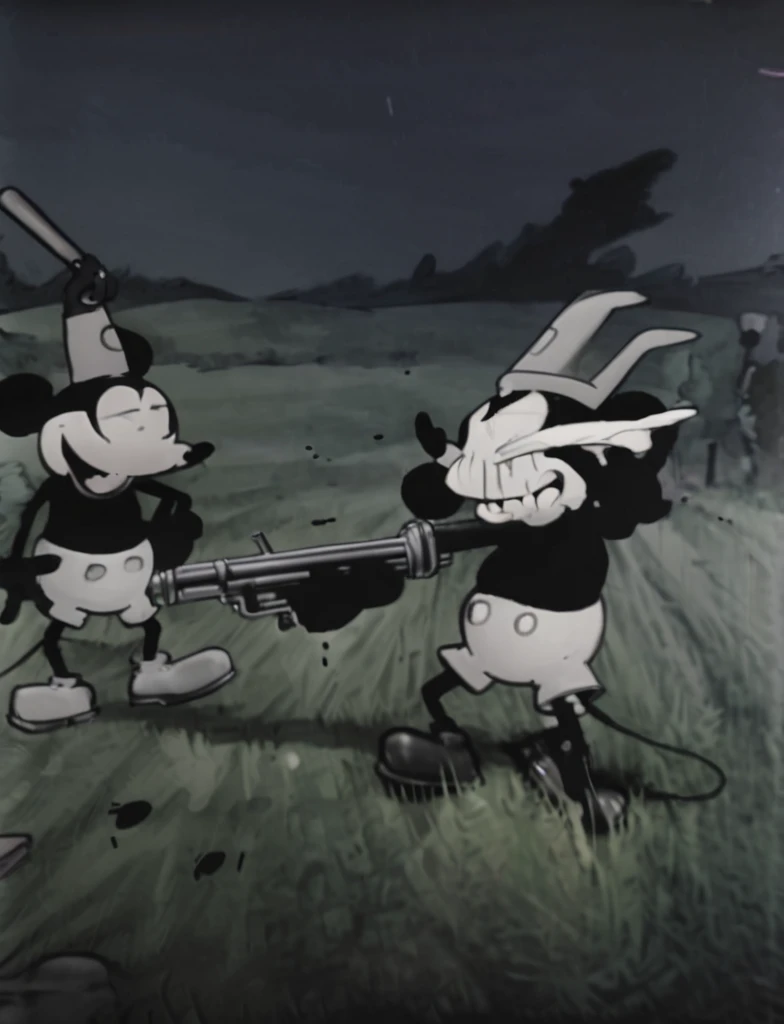 Mickey Mouse in Steamboat Willie style firing a Thompson submachine gun in a field at night, dark and creepy, flash, laughing maniacally, instead,  image size 1920x1080.