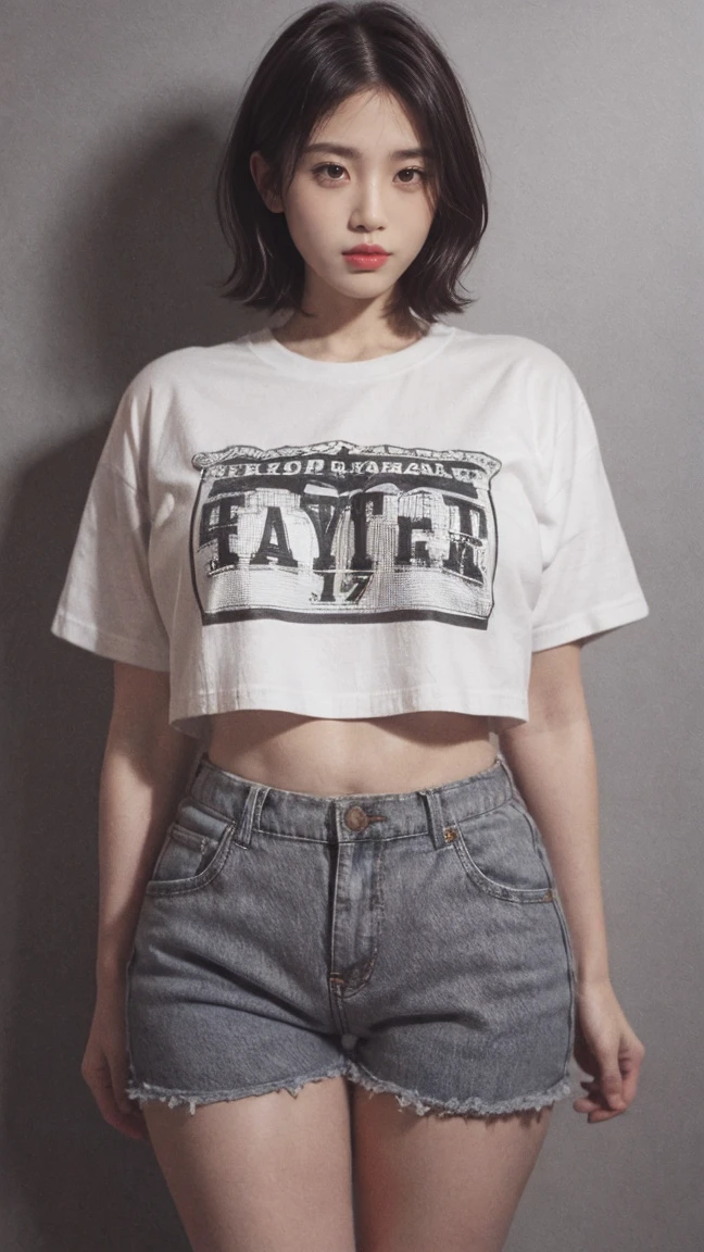 21yo girl, bob Hair. (Wearing oversize t-shirts, short pants). natural medium breast, show big thigh, plump body. Standing pose. Gray background