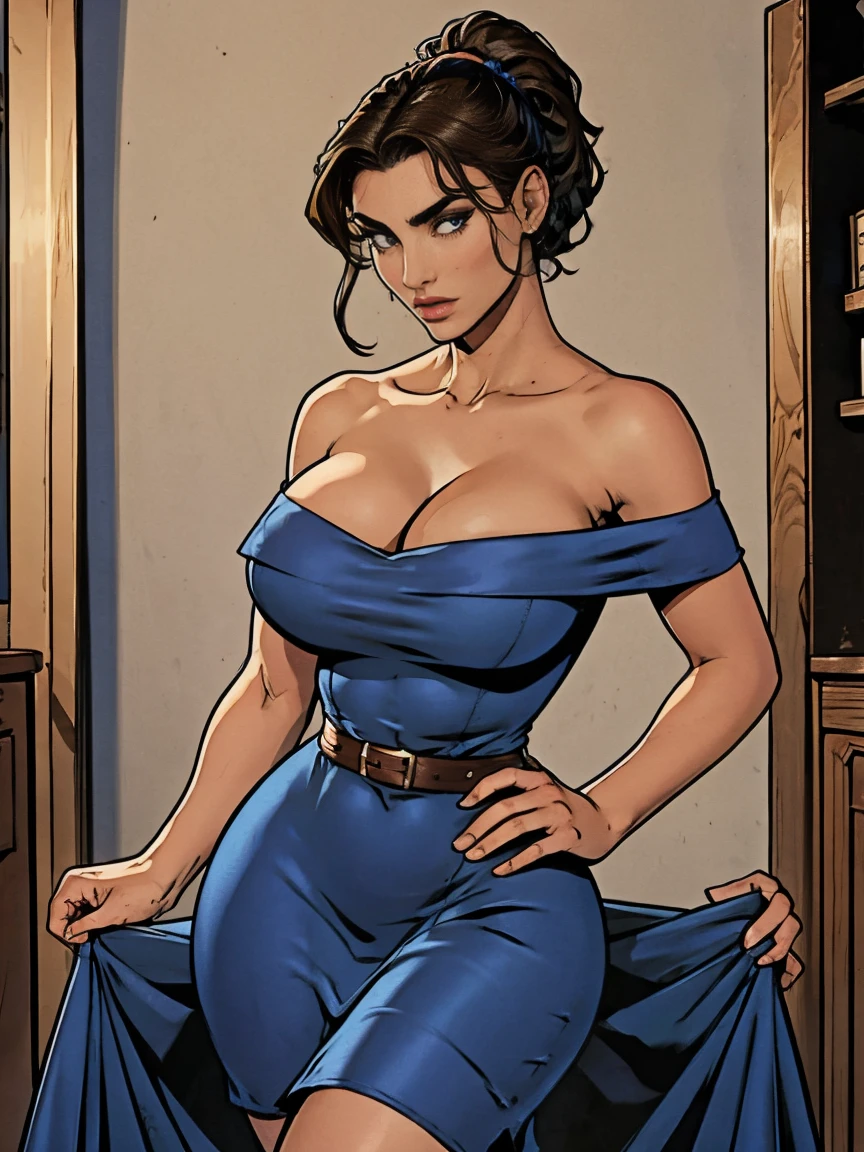Beautiful and sensual busty athletic (Delgado) Brunette with strong facial features wearing a sleeveless, off-the-shoulder dark blue dress., collected