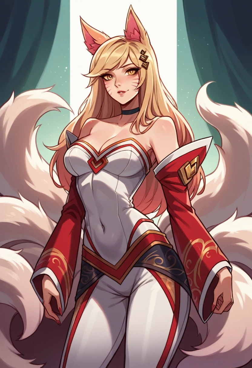 K/GIVES_ahri, 1 girl, ahri (League of Legends), breastsout, animal ears, hair blonde, standing alone, fox ears, K/GIVES (League of Legends), long hair, neckleace, cauGIVES, whisker marks, gazing at viewer, facial mark, choker, large breastsout, bared shoulders, fox cauGIVES, jewerly, yellow eyes, trunk, multiple cauGIVESs, bangss, Ablaze, clavicle, covered navel, aretes