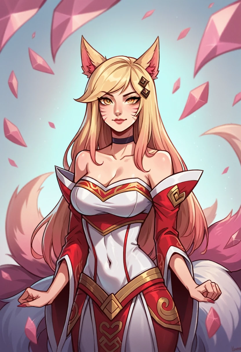 K/GIVES_ahri, 1 girl, ahri (League of Legends), breastsout, animal ears, hair blonde, standing alone, fox ears, K/GIVES (League of Legends), long hair, neckleace, cauGIVES, whisker marks, gazing at viewer, facial mark, choker, large breastsout, bared shoulders, fox cauGIVES, jewerly, yellow eyes, trunk, multiple cauGIVESs, bangss, Ablaze, clavicle, covered navel, aretes