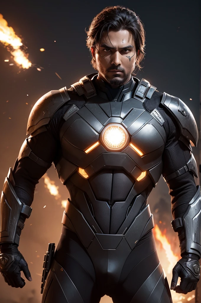 Metahuman brown bear War clothes Ammunition on the chest Fierce appearance Scars Machine guns and knives War background