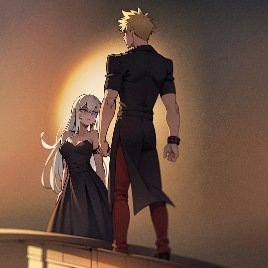 On a rooftop at dusk, Katsuki Bakugo stands tall in his black and orange hero costume. His spiky blond hair gently moves in the evening breeze as he gazes ahead with focused determination.
Approaching from behind, Jun Hime moves quietly. She wears a flowing dress that gracefully sways with her steps, her long dark hair cascading down. With a gentle boldness, she surprises Katsuki by wrapping her arms around him, resting her cheek against his back.
Katsuki initially shows surprise, his stiff posture gradually softening. His expression shifts from initial shock to a mixture of emotions.
The background features a quiet urban landscape with distant lights and a starry sky, enhancing the intimate moment between the two characters. Jun have long white hair and blue eyes.
