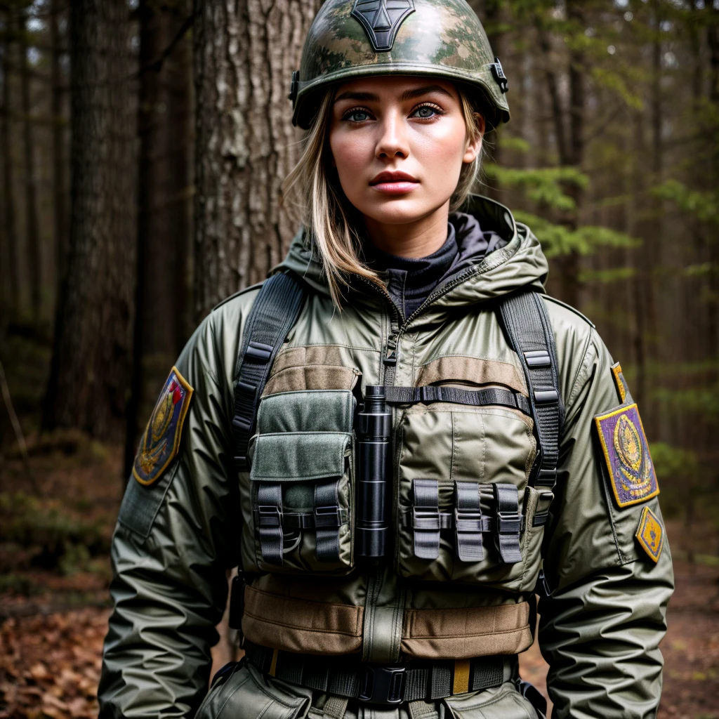 Create a realistic image of a young woman in modern Ukrainian military uniform. She should be dressed in a camouflage outfit with appropriate insignia and patches. The background should be neutral or slightly blurred to keep the focus on the woman. The details of the uniform should be meticulously drawn, including elements like a helmet, body armor, and tactical accessories. The woman's face should express confidence and strength, yet remain feminine. The overall style of the image should be realistic and high-quality