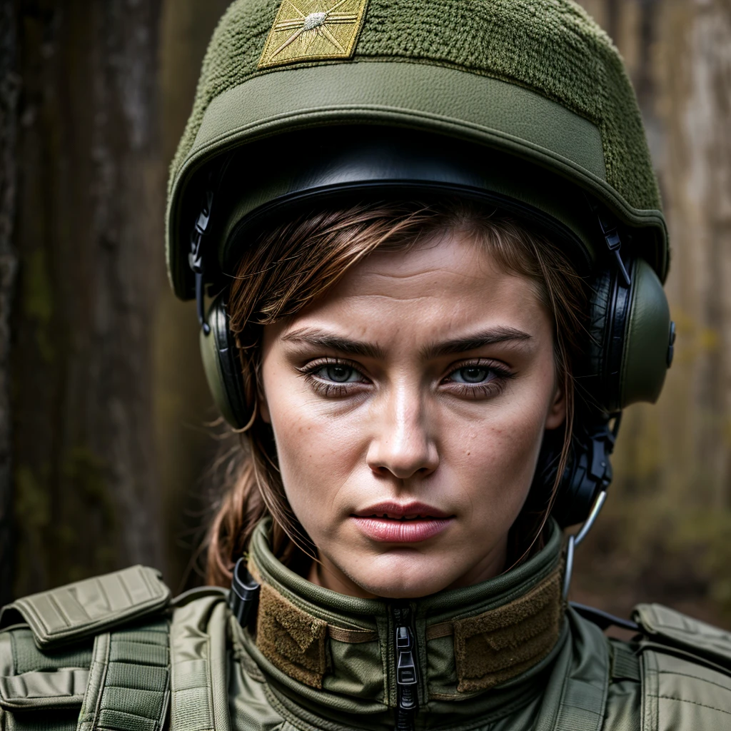 Create a realistic image of a young woman in modern Ukrainian military uniform. She should be dressed in a camouflage outfit with appropriate insignia and patches. The background should be neutral or slightly blurred to keep the focus on the woman. The details of the uniform should be meticulously drawn, including elements like a helmet, body armor, and tactical accessories. The woman's face should express confidence and strength, yet remain feminine. The overall style of the image should be realistic and high-quality