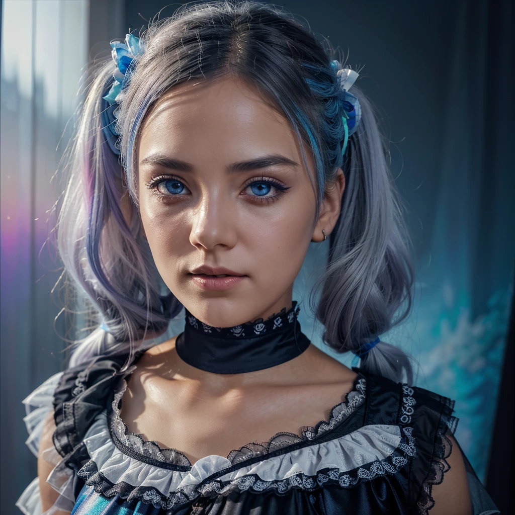 (1girl),gothic,twintails,white hair, organza lace,Gorgeous and fussy clothes,gothic, flying, blue, (colorful), bold strokes, gradient blends, motion blur, shimmering textures, dynamic composition, atmospheric perspective, impressionistic, , (masterpiece), (best quality), Amazing, (beautiful detailed eyes), (finely detail), Depth of field, extremely detailed CG, original, extremely detailed wallpaper, (vivid colors), cinematic lighting,  (colorful), blush,