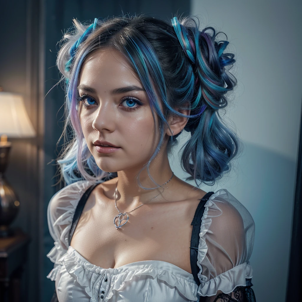(1girl),gothic,twintails,white hair, organza lace,Gorgeous and fussy clothes,gothic, flying, blue, (colorful), bold strokes, gradient blends, motion blur, shimmering textures, dynamic composition, atmospheric perspective, impressionistic, , (masterpiece), (best quality), Amazing, (beautiful detailed eyes), (finely detail), Depth of field, extremely detailed CG, original, extremely detailed wallpaper, (vivid colors), cinematic lighting, (colorful), blush,