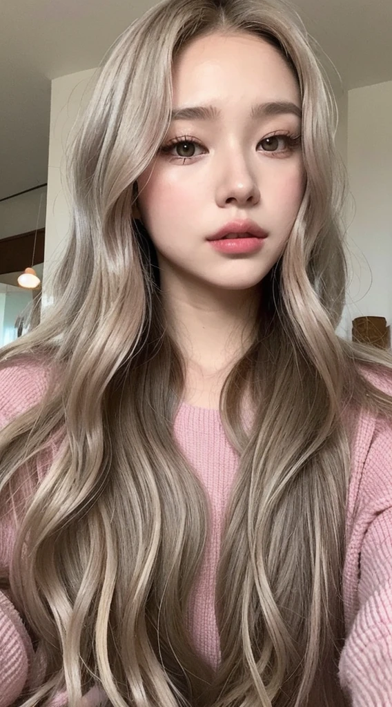girl with long blonde hair with waves and gray eyes , big lips pink cheeks very beautiful realistic version of spectacular body latin face