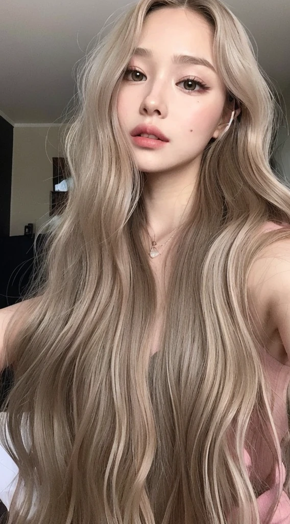 girl with long blonde hair with waves and gray eyes , big lips pink cheeks very beautiful realistic version of spectacular body latin face 