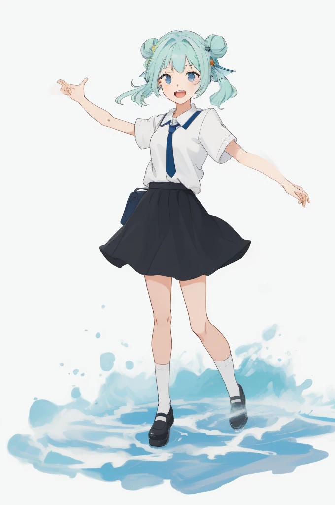 (masterpiece, top quality: 1.2), 1girl,20 years old,solo,long hair,white hair,finana,twintails,double bun,((white shirt,short sleeves,standart tie,skirt)),(white background),open mouth,talking,smile,full body