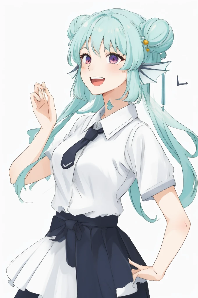 (masterpiece, top quality: 1.2), 1girl,20 years old,solo,long hair,white hair,finana,twintails,double bun,((white shirt,short sleeves,standart tie,skirt)),(white background),open mouth,talking,smile,full body