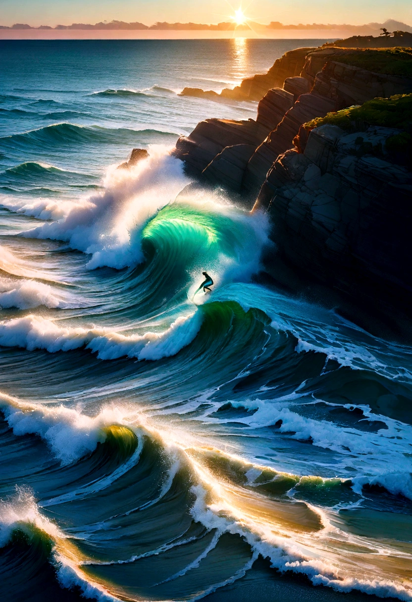 A stunningly fierce surfer rides massive waves under the bright sunlight at a picturesque beach. The scene captures the essence of the ocean's power, with the surfer skillfully navigating the rocky coastline. The image, likely a high-resolution photograph, showcases the beauty of the ocean and the energy of the surfer in exquisite detail. The crystal-clear 4k resolution highlights the vibrant blues of the sky and ocean, the shadow surfer's silhouette contrasting against the golden sunshine, creating a mesmerizing and dynamic composition.