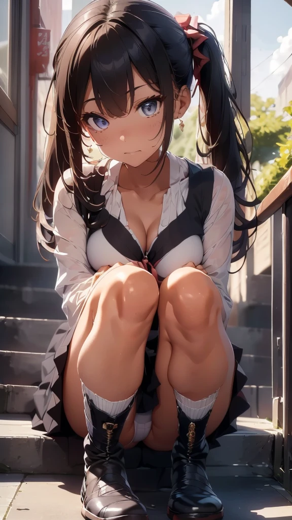 Masterpiece、最high quality、high quality、High definition、High resolution、High detail、Lens flare、Ray Tracing、high qualityのテクスチャー、high qualityの影、Beautiful details、Detailed explanation、Detailed texture、Realistic  expression、Realistic and colorful、Slender、Cinematic Light、Side light、Sharp Focus、(1 Girl:1.3)、(Intricate details、Makeup、Pure Eros Face_v1:0.5)、(Details Beautiful delicate face、Detailed beautiful delicate eyes、Perfect  Proportions、Detailed skin、Charm)、Fancy Twin Tails、Beautiful bangs、(Two-tone gradient hair color）、slender、(Large upward-facing )、(Detailed 、V-Cut、High Leg、)、Thighs、Dress shirt、 the Sleeve、boots、Provocative attitude、Release your knees、Leg spread、Raise your arms、Low-angle composition、(Take a deep breath、Work on this image step by step)