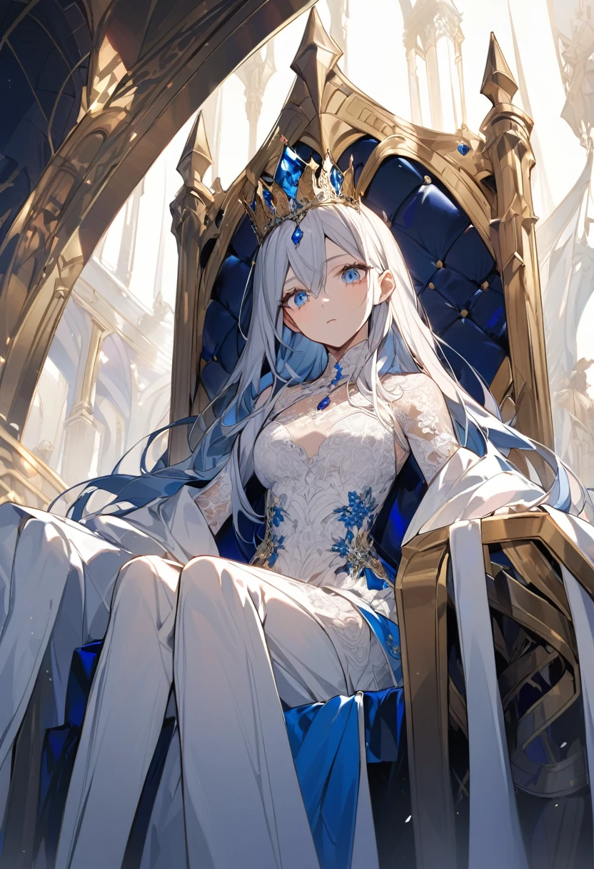A queen wearing a lace dress with her crown, she is sitting on her throne, she is 35 looking down upon who ever is below her, her hair is white and her eyes are blue