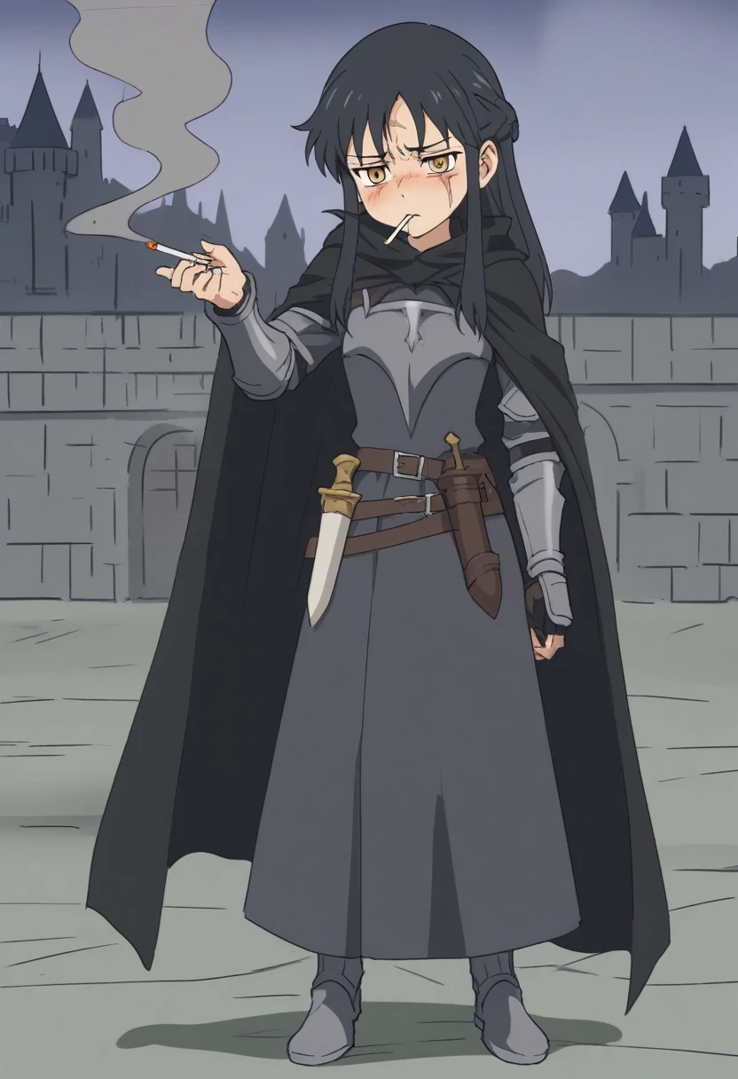 {{full body}} {{Artist: sincos)}} 1woman, french braid, long hair, tall, black hair, golden eyes, looking tired, scar over left eye, black cloak, cape, black cape, looking down at viewer, smoking, dagger at hip, dagger, castle background, dark fantasy, cigarette in mouth, smoke from cigarette, detailed background, cold expression, armored, wearing armor, holding sword in one hand, stern expression, fully clothed