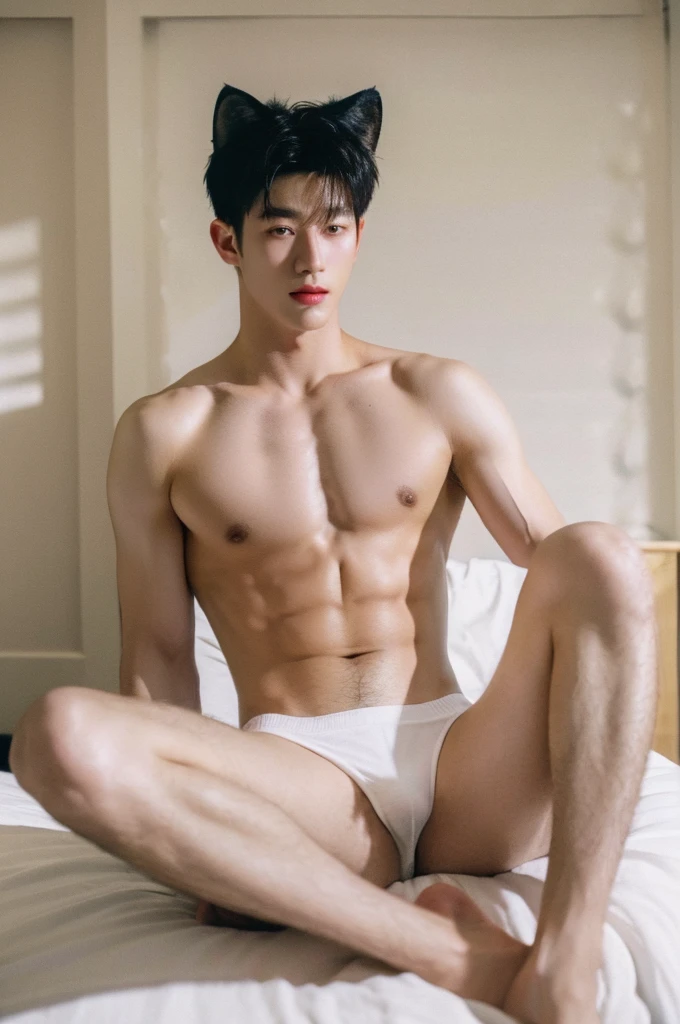 (best quality:1.4), (ultra highres:1.2), (photorealistic:1.4), (8k, RAW photo:1.2), Realistic handsome Japanese guy, muscle, fit, 18 years old, Spread your legs, shirtless, topless, wear cat ears, wear jockstrap underwear, white underwear, bedroom,