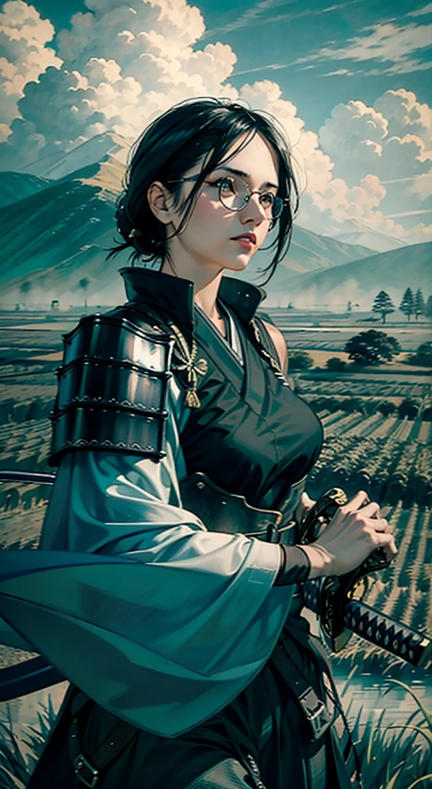 samurai girl, 1 girl, beautiful detailed eyes, beautiful detailed lips, extremely detailed face and eyes, long eyelashes, samurai armor, ((two japanese swords)), rural rice field road, rolling hills, cloudy sky, detailed environment, dramatic lighting, cinematic lighting, dramatic shadows, highly detailed, 8K, photorealistic, hyper detailed, masterpiece, vibrant colors, atmospheric, intricate details、((Big Breasts)) (Classic glasses)