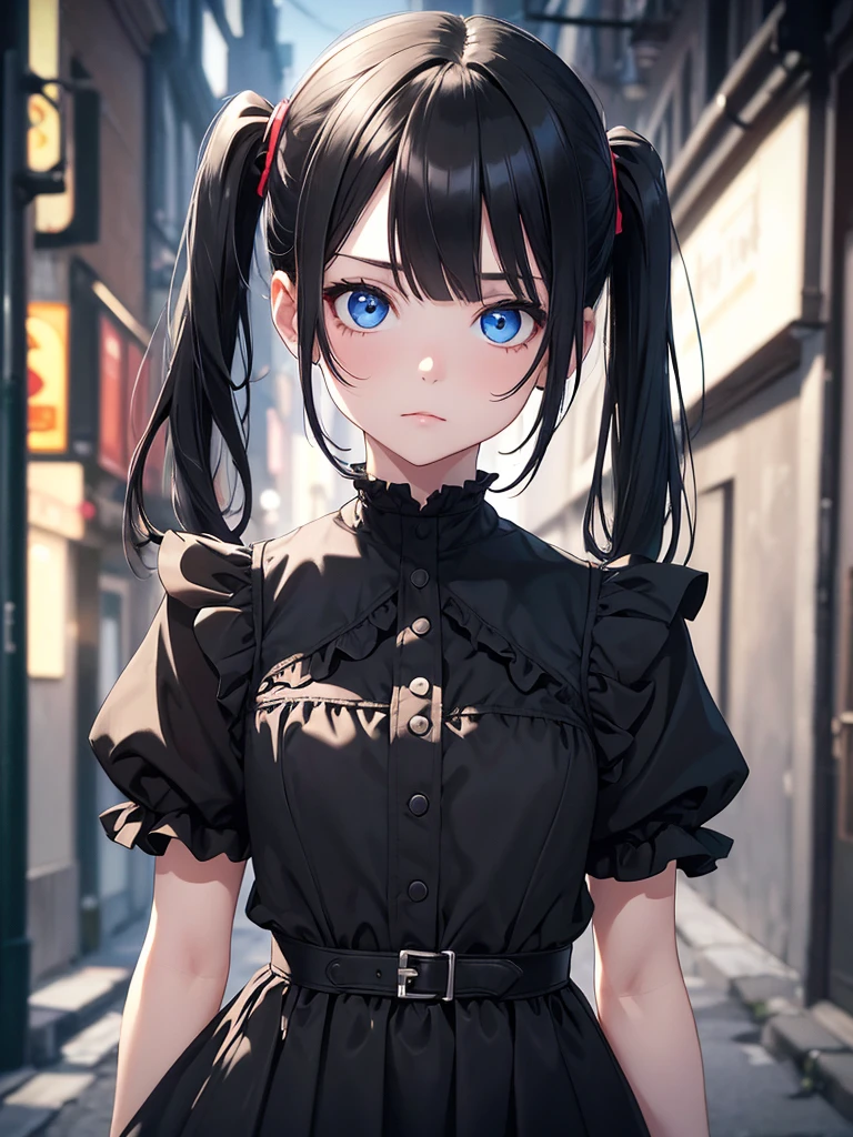 (8K, Best Quality, Masterpiece, Ultra High Resolution) Girl Toddler, Short, Beautiful Eyes, Face Details, Black Hair, Pigtails, Hair Bangs, Blue Eyes, Dark Circles Under Eyes, Pale Skin, Short Maid Dress, Cute Black Dress, Dark Alleyway, Night Time, Masterpiece, Best Quality, Upper Body, Looking at the Viewer, Close Up