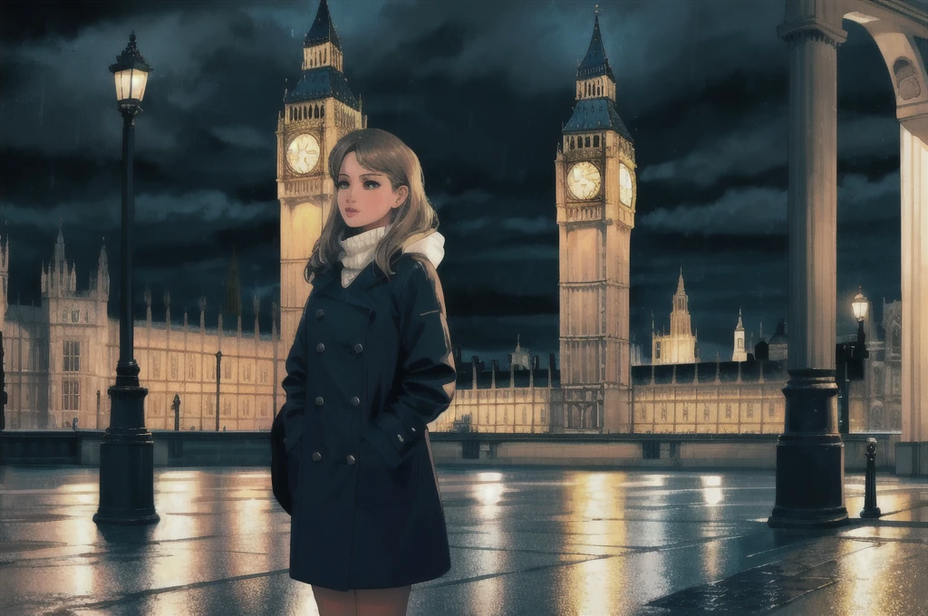 best quality, rain, night, sky, london, city, one girl.