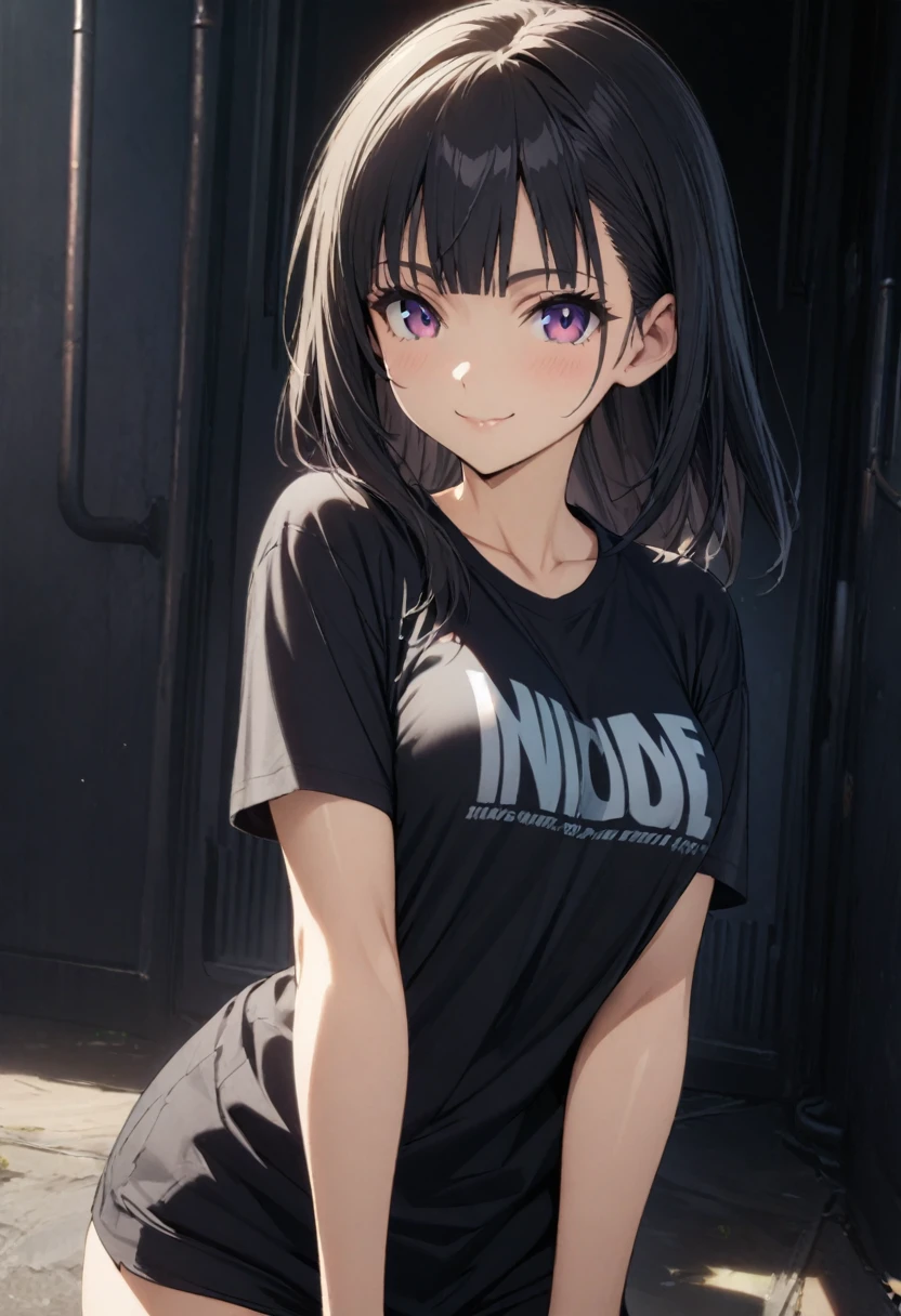 anime production:1.3,masterpiece, best quality,girl,t-shirt,look at viewer,smile,blunt bangs,
